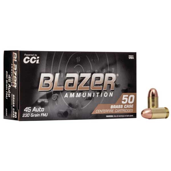 CCI Blazer Brass 45 Auto 230gr FMJ handgun ammunition features reloadable brass cases, quality primers and clean-burning propellants.